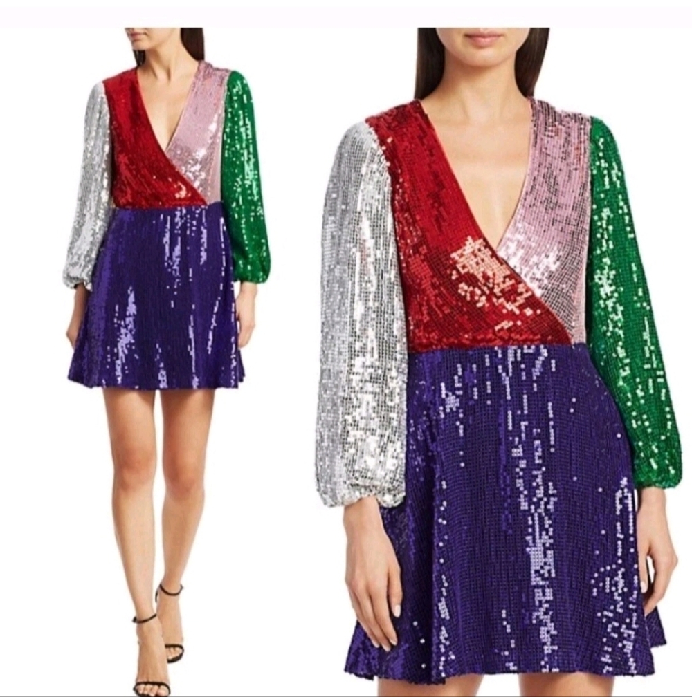 Alice + Olivia Blaze Sequin Color Block Mini Dress Size 6 NWT $ 440 - Picture 13 of 16